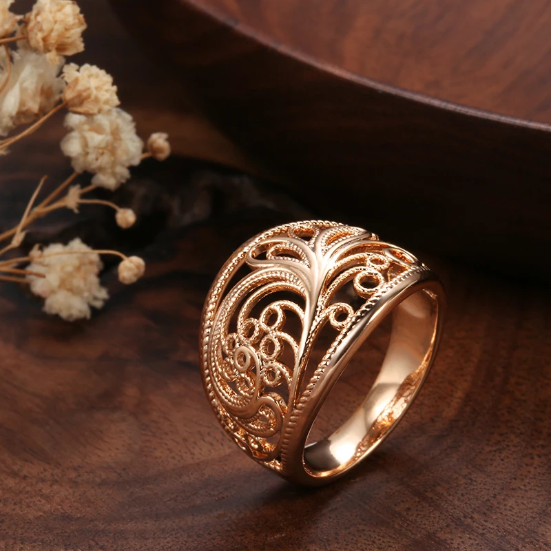 Elegant Hollow Texture Glossy 585 Gold Color Wide Rings For Women Vintage Ethnic Bridal Jewelry Fashion Simple Ring Accessories