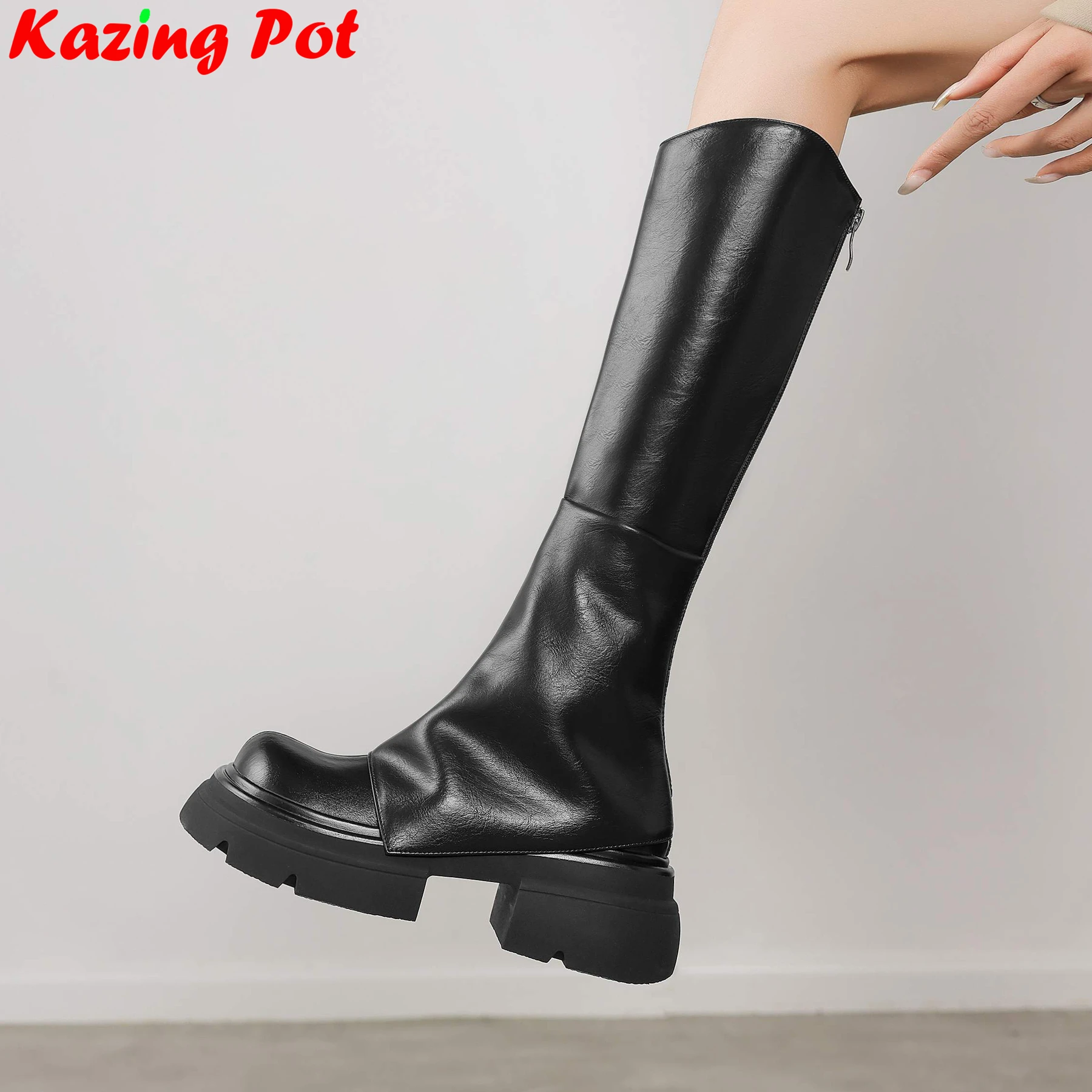 

Krazing Pot 2026 Cow Skin Round Toe Med Heel Riding Boots Warm Zipper Winter Shoes Retro Platform Concise Women Knee-high Boots