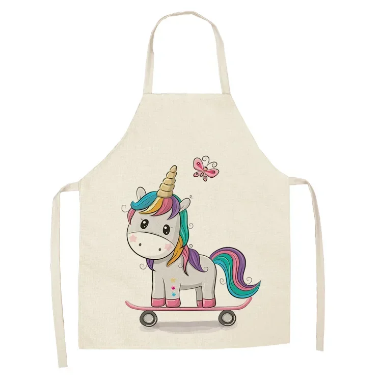 Cute cartoon unicorn creative printed flax apron, kitchen cleaning waterproof dust apron house cleaning tool delantal