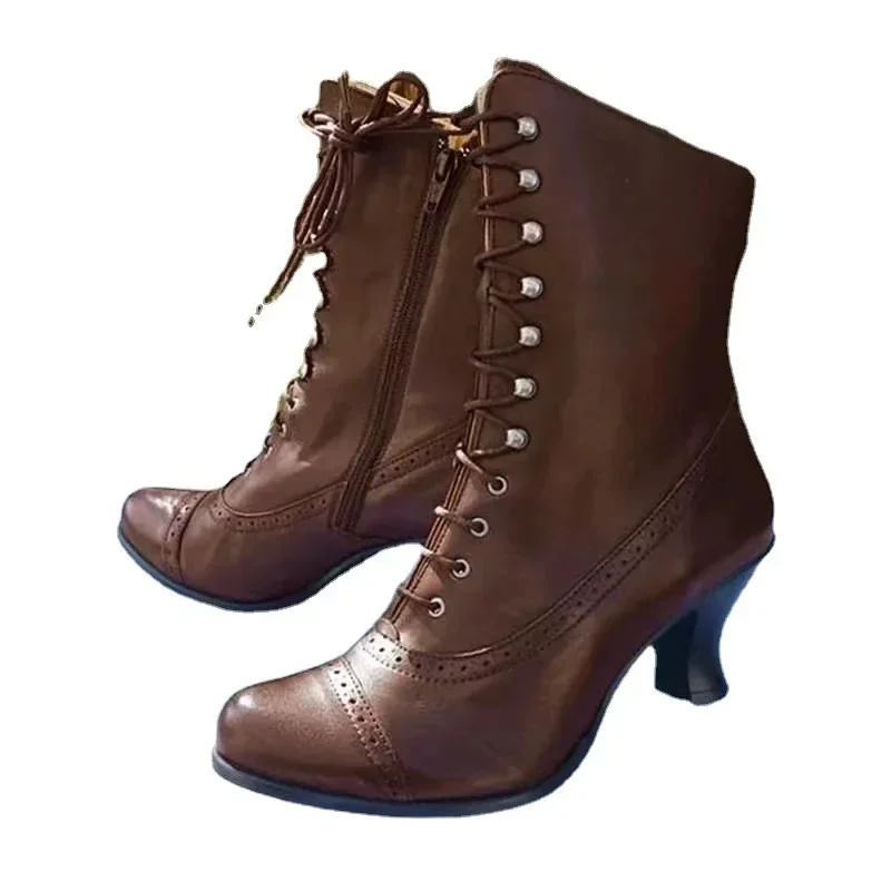 2024 New Winter Lace Up Ladies High Heel Shoes Motorcycle Boot Victorian Boots Women Fashion Pointed Toe Thick Soled Short Boot