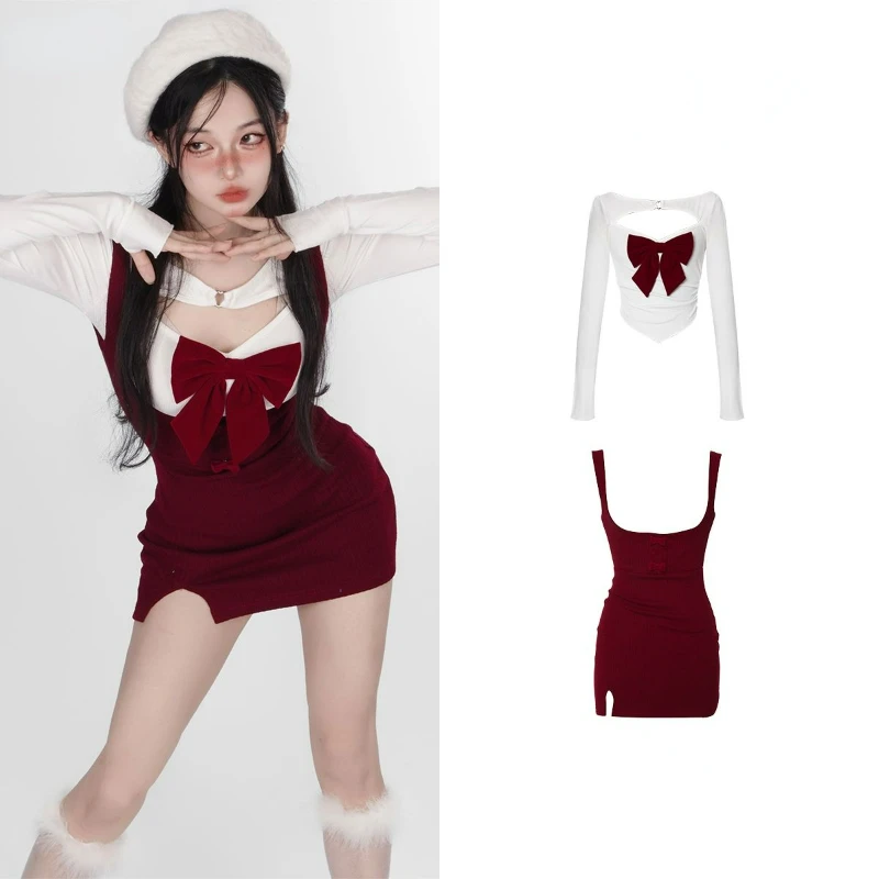 Kawaii Sweet Lolita Two Piece Set Women 2023 Japanese Sexy Hollow Out Bowhnot White Long Sleeve T Shirt Y2k Red Suspenders Dress