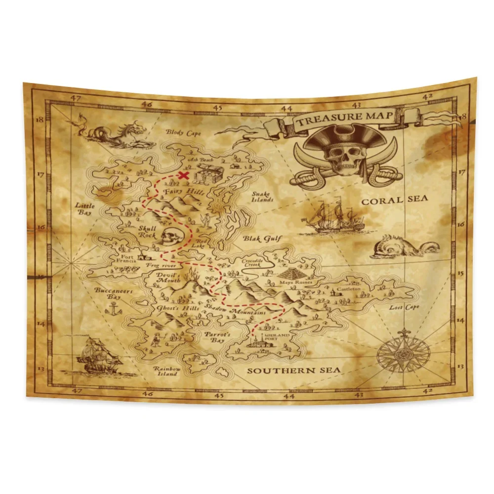 Retro World Map Pirate Tapestry High-Definition Fabric Wall Hanging Polyester Study Room Table Cover Decoration Home Decor