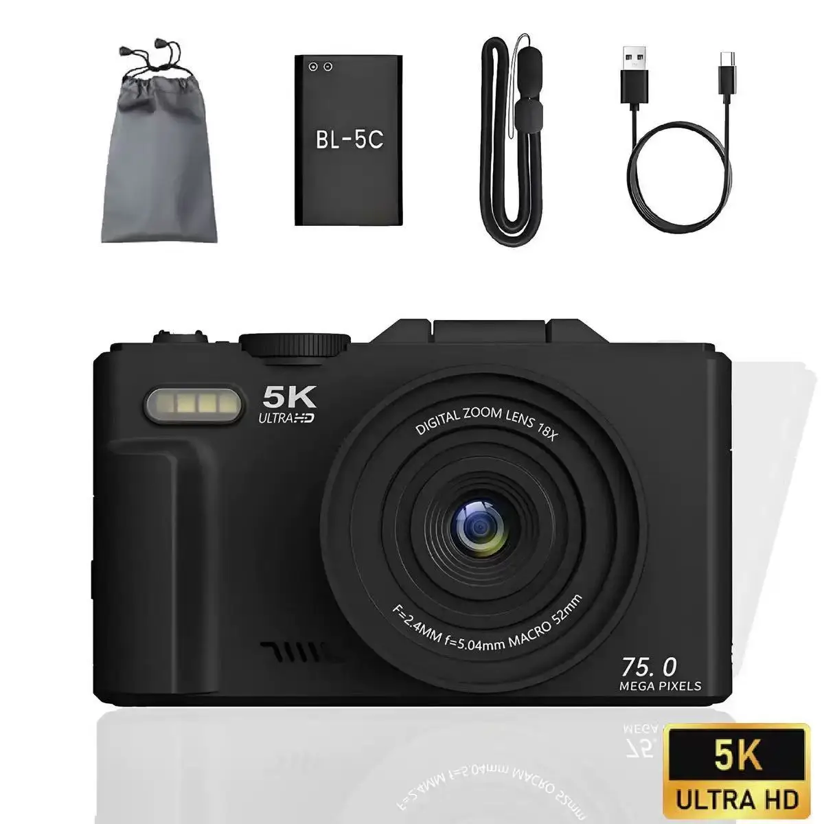 75MP Digital Camera for Photography 5K 18X Digital Zoom Vintage Vlog Video Recorder For YouTube 180° Flip Screen Selfile WiFi