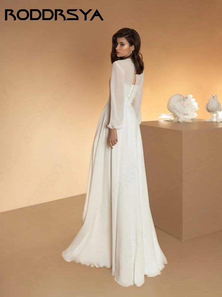 RODDRSYA O-Neck Long Fuff Sleeve Wedding Dresses Elegant Chiffon A-line For Women Floor Length Illusion Back Vestidos De Novia