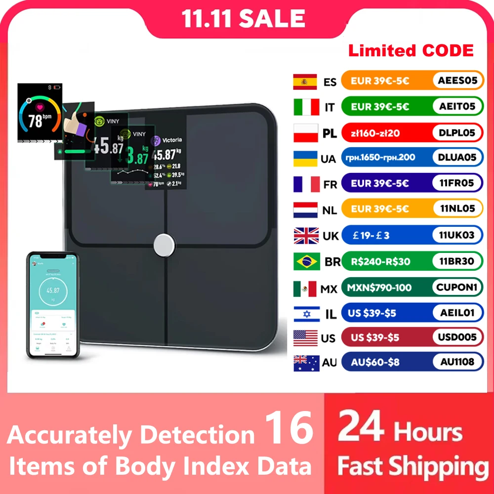 Digital Body Fat Scales, Human Body Scale, Smart TFT Color Screen, Heart Rate, Precise and Professional Smart Body Weight Scale