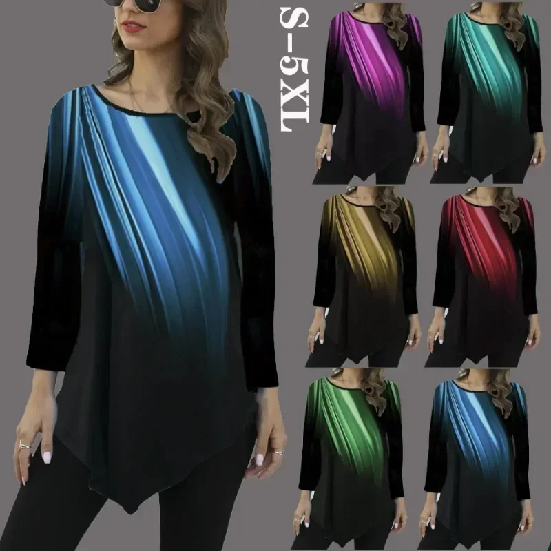 

Women's plus size Hot selling rainbow gradient printed round neck top in autumn and winter loose fitting long sleeved T-shirt