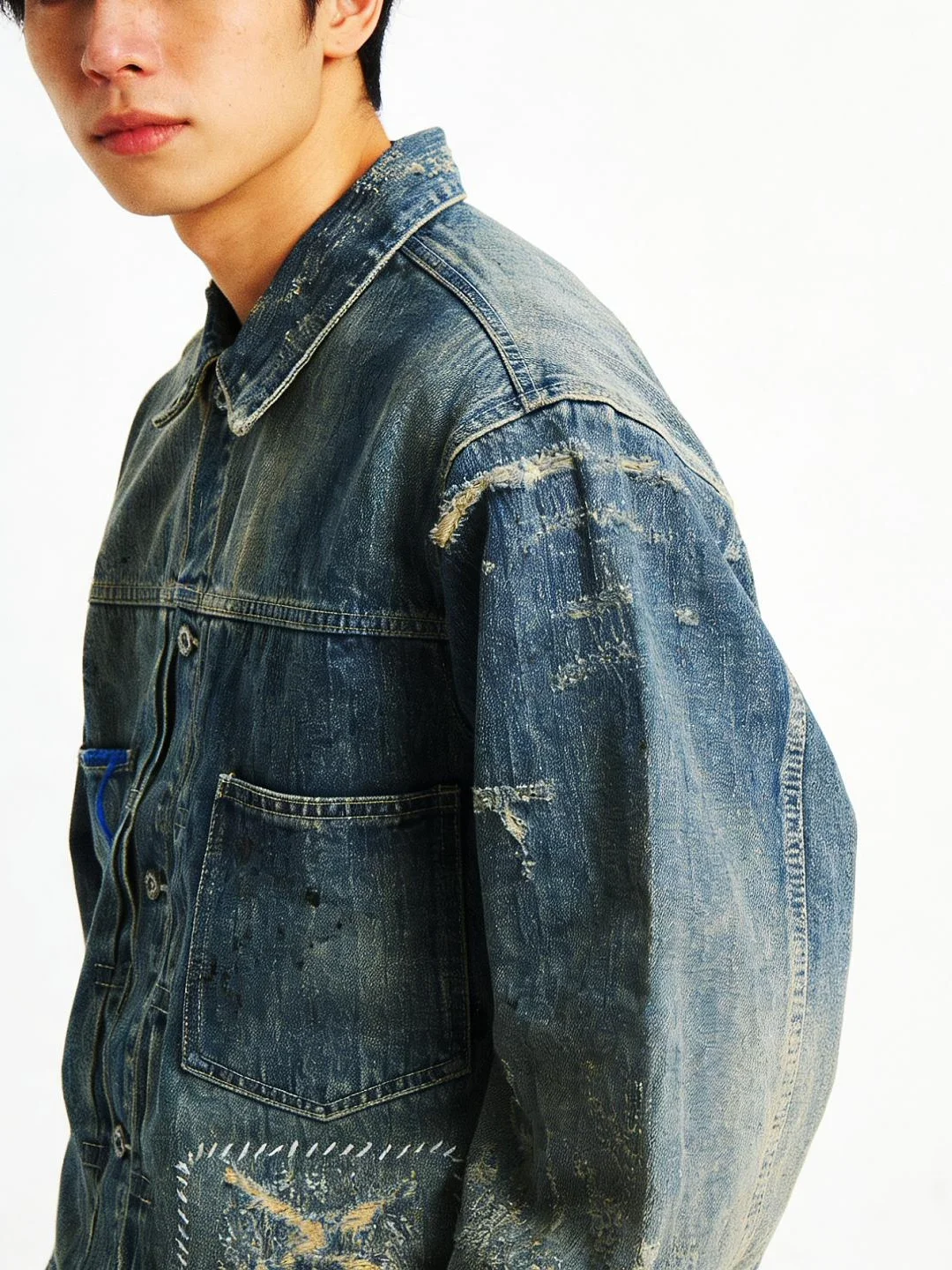 Vintage Washed Denim Jacket Loose Fit Short CleanFit Men's Jeans Coat Casual Style Button Closure Long Sleeve Cotton Jacket