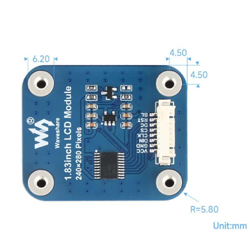 1.83-Inch Lcd-Weergavemodule, Ips Paneel Afgeronde Hoeken, 240 × 280 Resolutie, Spi-Interface 65K Kleur Lcd-Scherm