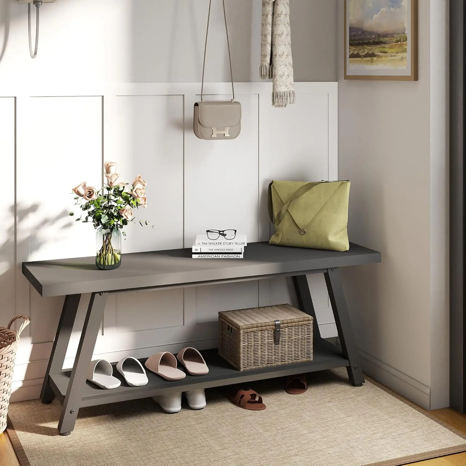 

Деревянная скамья для прихожей в современном фермерском стиле, 47 дюймов, деревянная скамья для изножья кровати в спальне, винтажный деревенский стиль середины века, на заказ