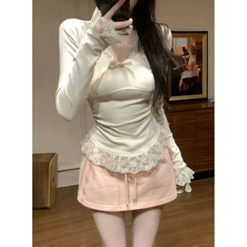 

Korean Lace Patchwork Slim Short T Shirts Spring Autumn Solid Long Sleeve V Neck Youth Sweet Tops Fashion Sexy Women Clothing