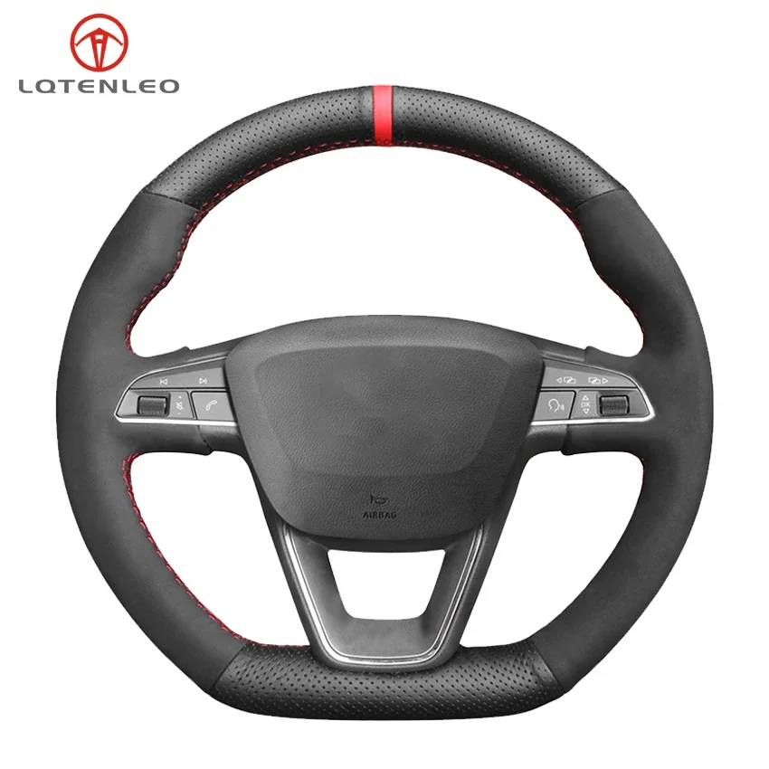 LQTENLEO Black Suede Leather Car Steering Wheel Cover For SEAT Leon 5F Ibiza 6F Alhambra Arona Ateca Toledo FR CUPRA 2013-2022