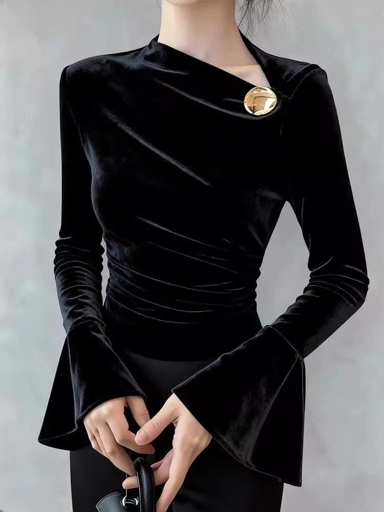 Western Style Unique Elegant Slim Waist Shirt New Age Reduction Light Luxury Blouses Velvet All-match Minority Blusas