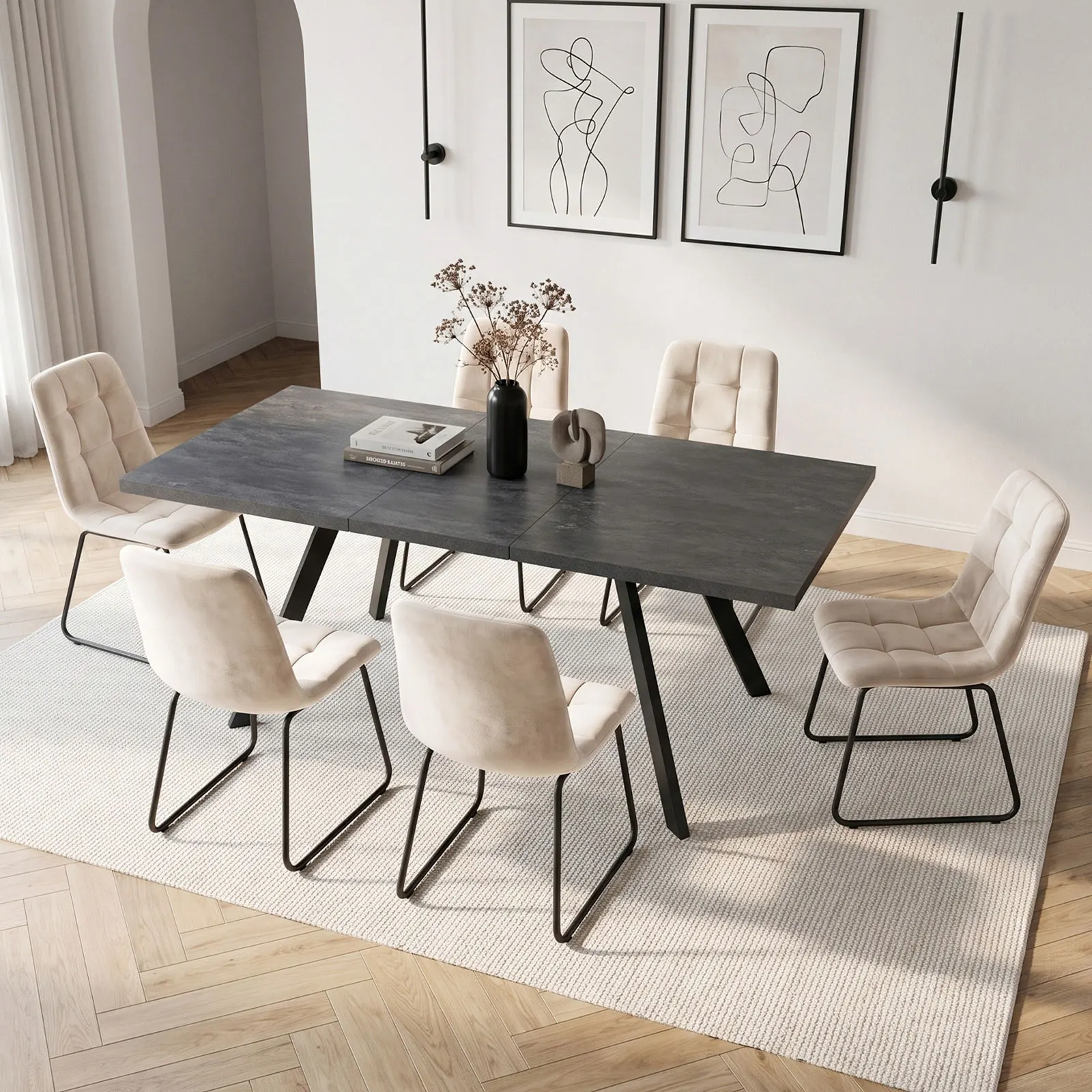 Nouvel ensemble de salle à manger comprenant 1 table et 6 chaises, chaises à dossier haut, éponge haute densité, plateau de table durable, pieds de table robustes, adapté aux salles à manger, cuisines et salons.