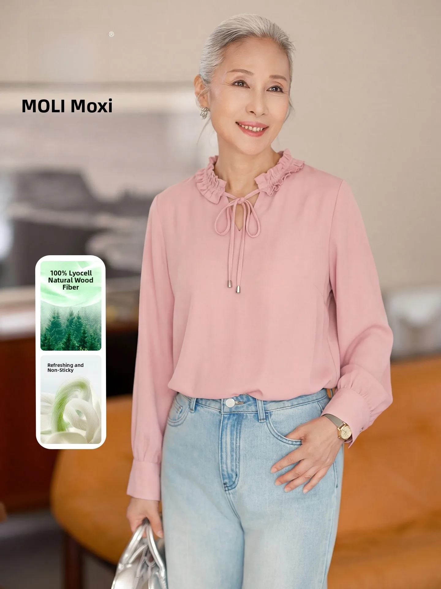 

Muzhi Ralsee Long Sleeve Shirt for Middle-Aged Women Mommy Spring Fashion Fungus Collar Loose Fit T-Shirt Knot Wave...