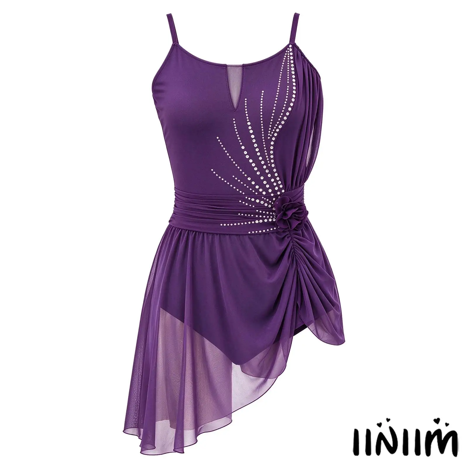 Women Lyrical Dance Costume Adjustable Spaghetti Straps Flower Rhinestone Ruched Dress for Figure Skating Dance Performance