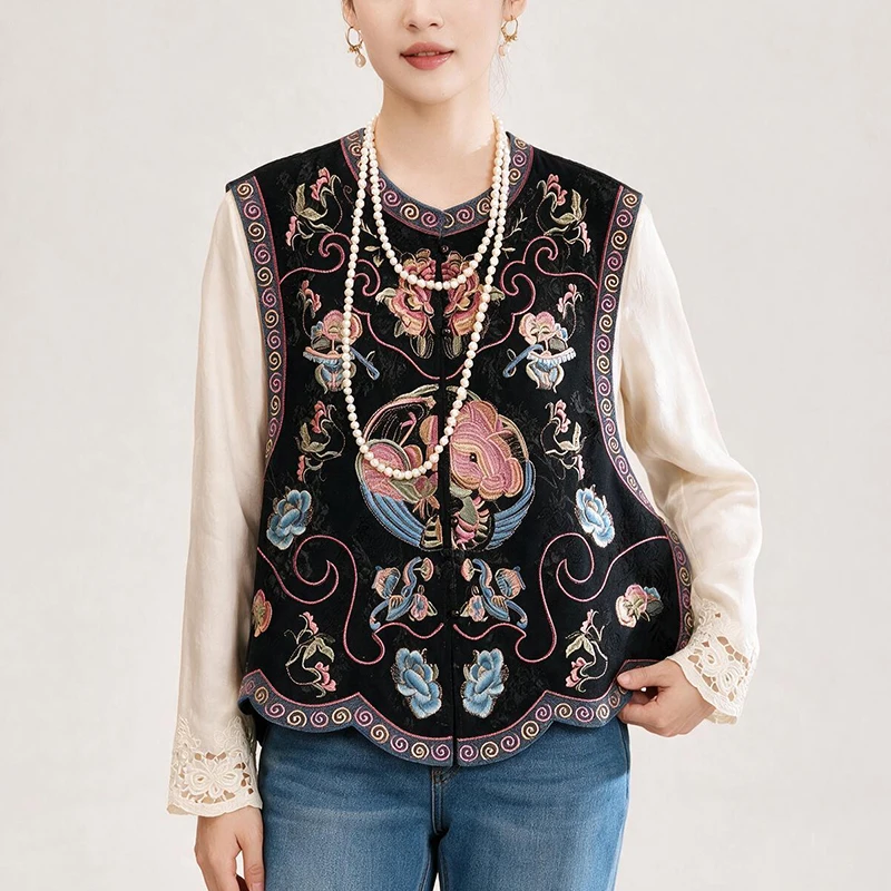 New Chinese Style Early Autumn Embroidered Silk Vest Heavy Work Floral Pattern Sleeveless Stand Collar Women's Fashion Top