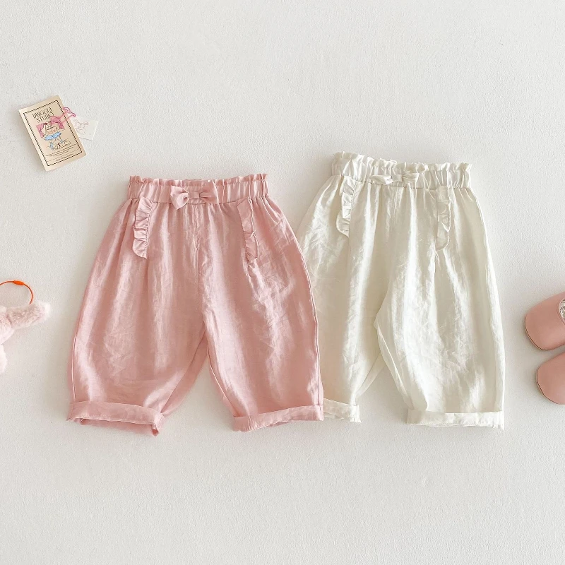

2025 Summer New Girls' Solid Color Casual Thin Sweet Bow Decoration Elastic Waist Pants