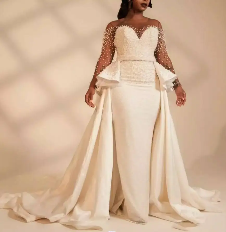 Customized African Nigeria Plus Size Wedding Dress Custom Overskirt Pearls Illusion Wedding Bridal Gowns Vestido De Novio