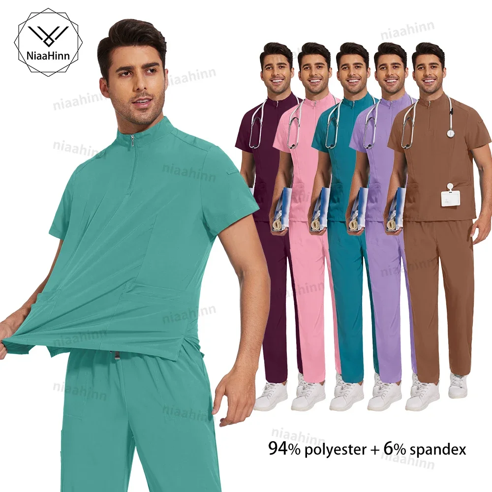 Conjuntos de exfoliantes de enfermera de Hospital de alta calidad, conjuntos de pantalones superiores Unisex para hombre, uniformes médicos ajustados para el cuidado de la salud y la farmacia