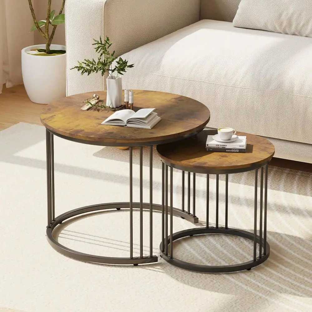 

Coffee Table, 23.6 Round Coffee Table Set Of 2, Wooden Nesting Table With Metal Frame, Ceter Tables For Living Room Bedroom Bal