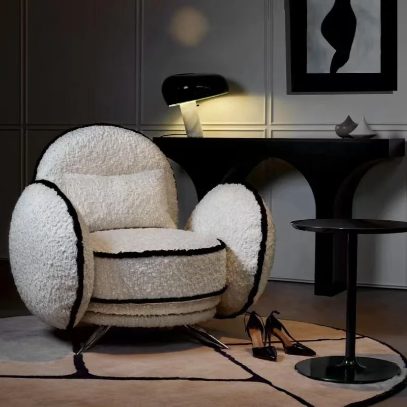 #Cream White Boucle Accent Chair Black Piping Rounded Spherical ArmsSwivel Metal Base Plushy Modern Luxury Living Room Furniture