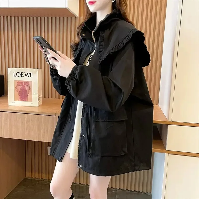 

Mid-Length Navy Collar Cardigan Women 2023 New Spring Autumn Foreign Air Age Loose Senior Sense Fried Street Coat Solid Color