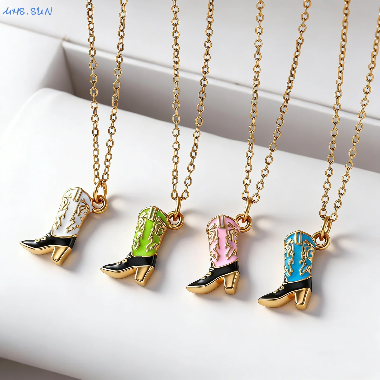 MHS.SUN Stainless Steel Colorful Oil Drip Cowboy Boot Pendant Necklaces For Women Men Western Gold Plated Chain Jewelry Gifts