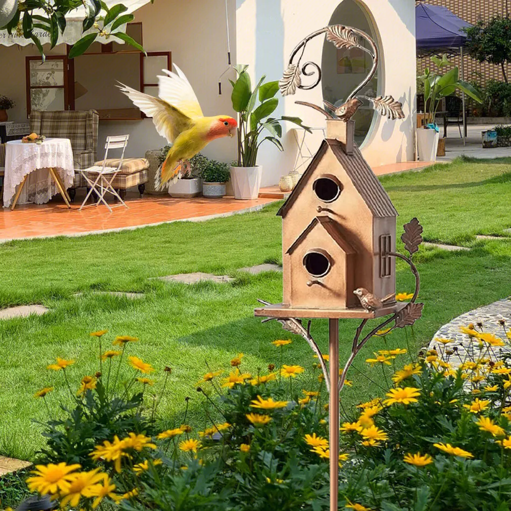 Birdhouse Garden Stakes Outdoor Decor Metal Bird House Art Crafts Bird Feeders Miniatures for Outdoor Garden Decorations view 5