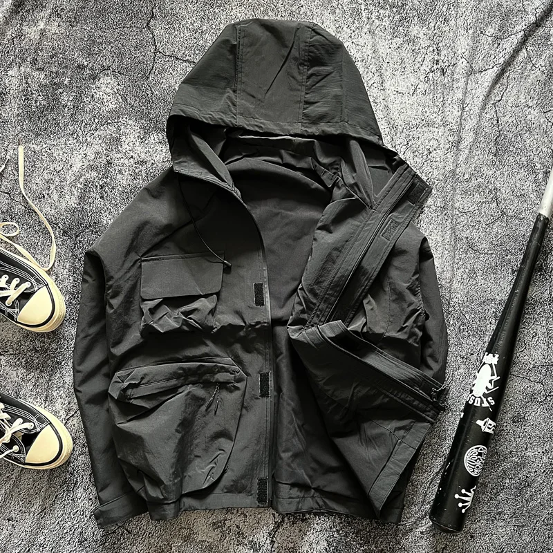 

Men's Waterproof Jaet Spring Autumn Double Layer Thi Material Long Sve Loose Fit Hooded Workwear Multi ket Jaet