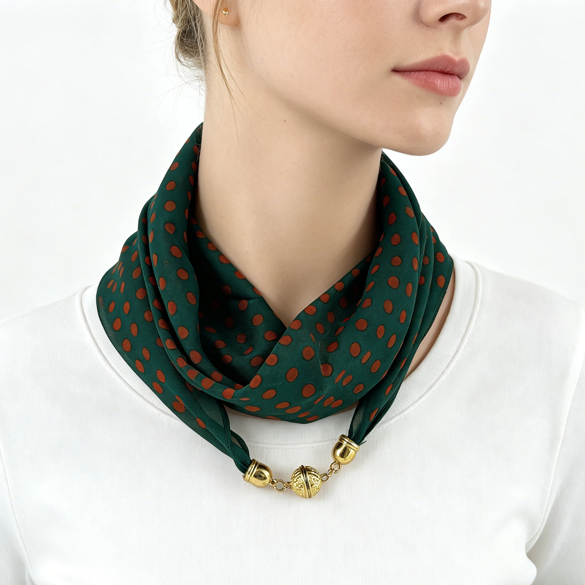 Schal mit Polka-Dot-Print und Magnetverschluss, dünner quadratischer Chiffon-Wickelschal, einfacher, bequemer Schnell-Trage-Halstuch, dekorativer Halstuch. – Detail 6