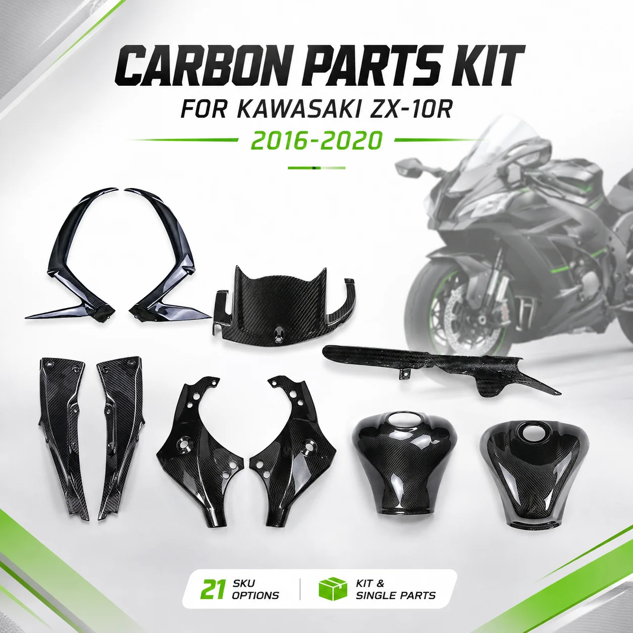Carbon Fiber Fairing Cover Parts Kit Options for Kawasaki Ninja ZX-10R ZX10R 2016-2020 Motorcycle Accessories