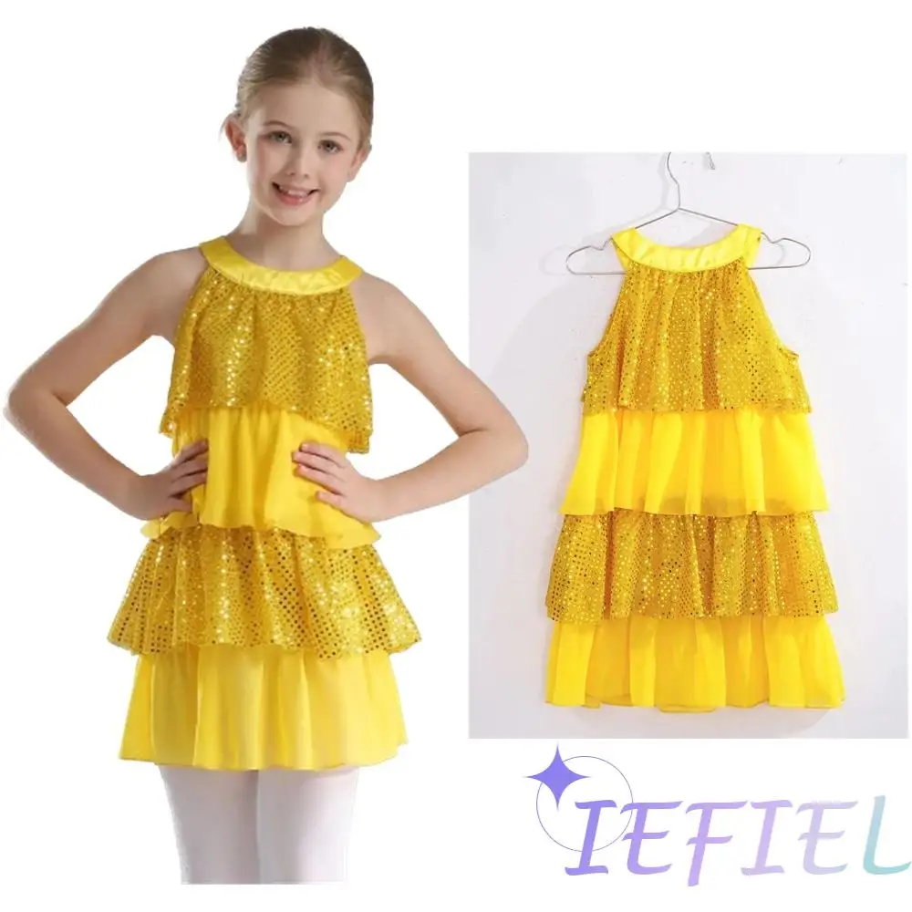 Kids Girls A-Line Prom Party Dresses Modern Jazz Latin Dance Performance Costume Shiny Sequins Tiered Ruffled Skirted Playsuit