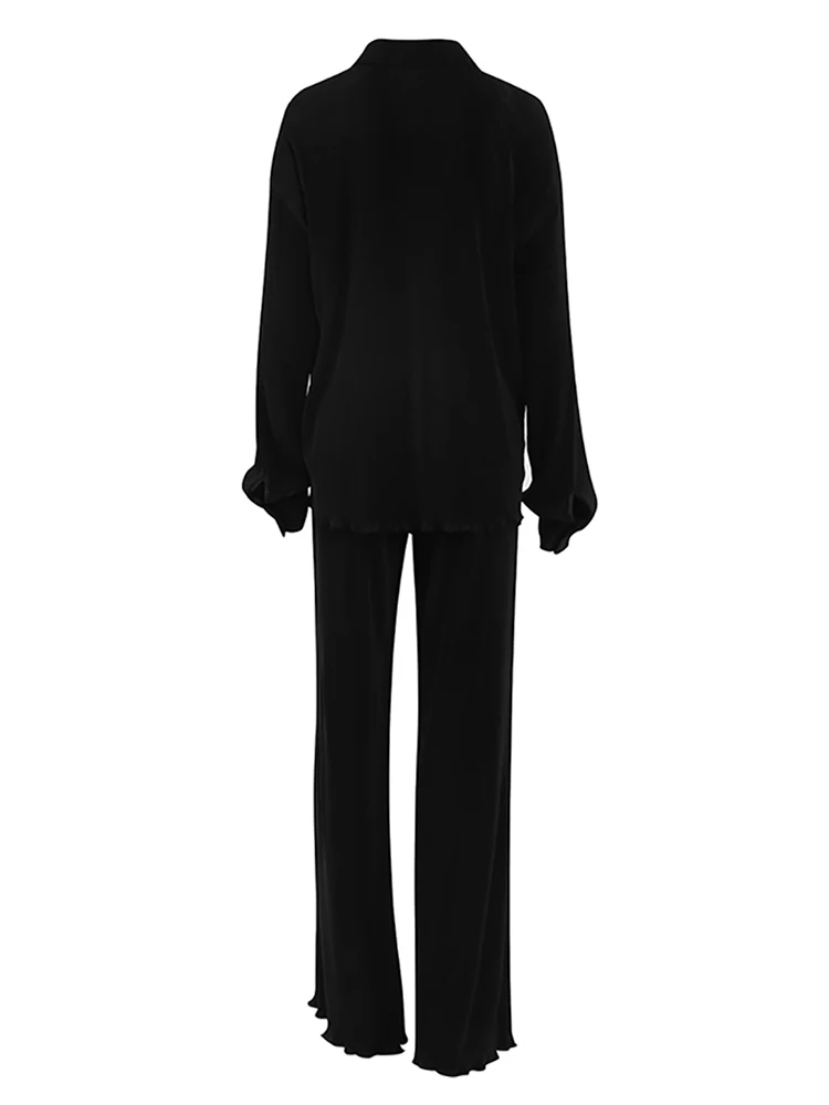 OOTN Office Pleated Pant Suits Elegant Long Sleeve Lapel Shirts Elastic Waist Trousers Two Piece Sets Women Outfits Autumn 2023