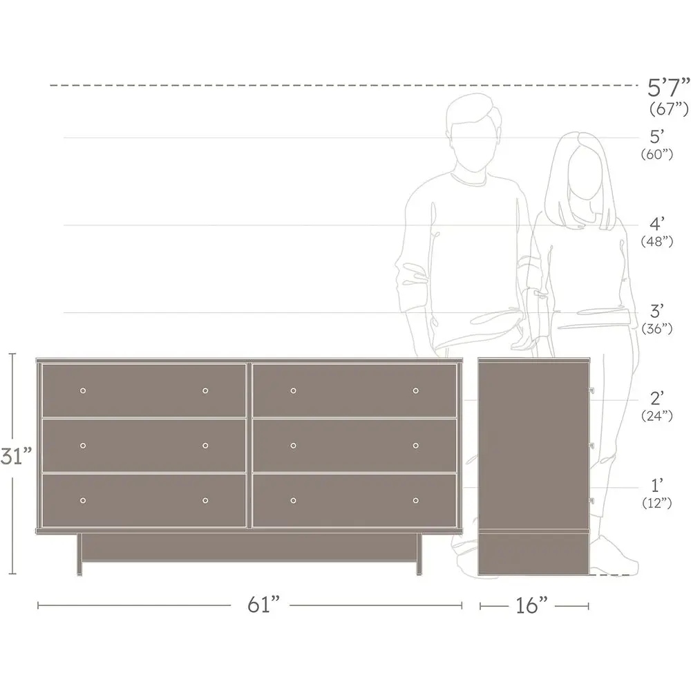 ตู้ลิ้นชักไม้โอ๊คธรรมชาติ 6 ลิ้นชักสำหรับห้องนอน, ที่จัดเก็บของขนาดใหญ่, เฟอร์นิเจอร์บ้านสไตล์โมเดิร์น, 16D x 61W x 31H