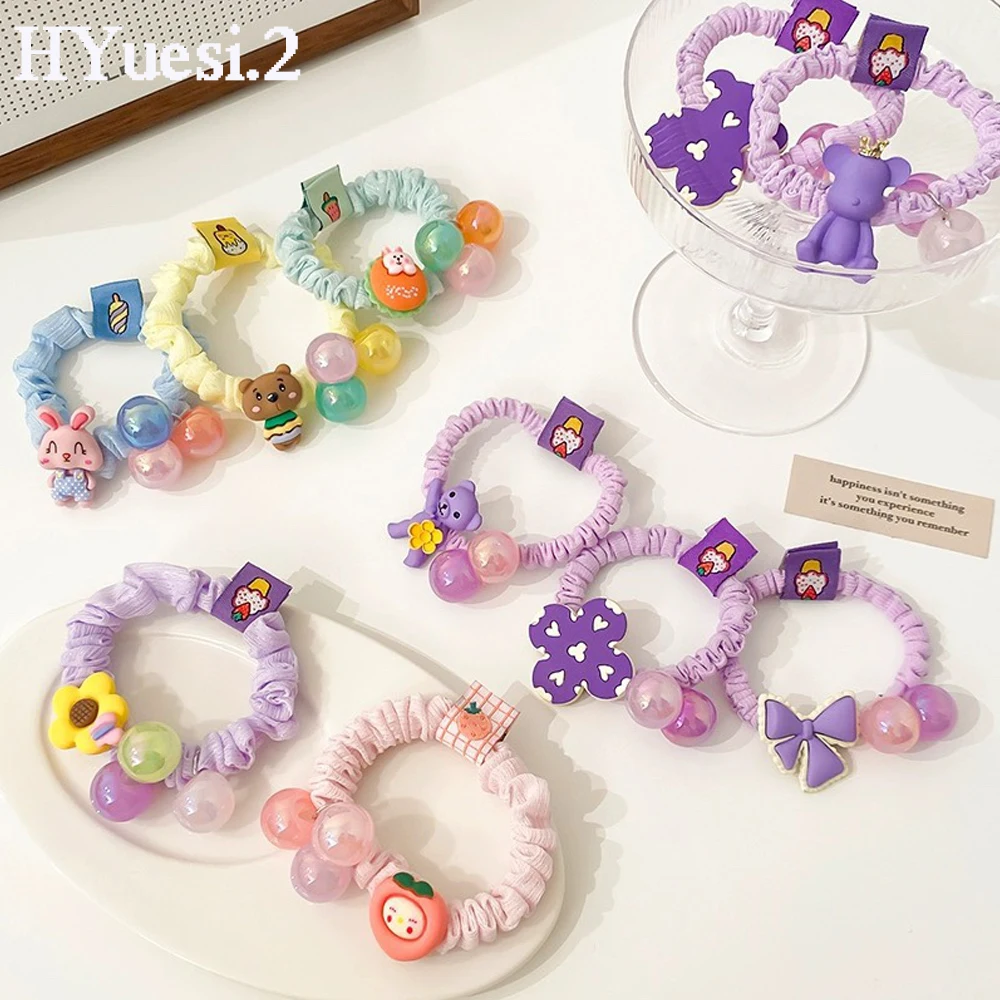 Kawaii Bear Rabbit Flower Beaded Hair Ties Elastic Cartoon Ponytail Holders Rubber Bands Hair Ropes For Baby Girls Toddler