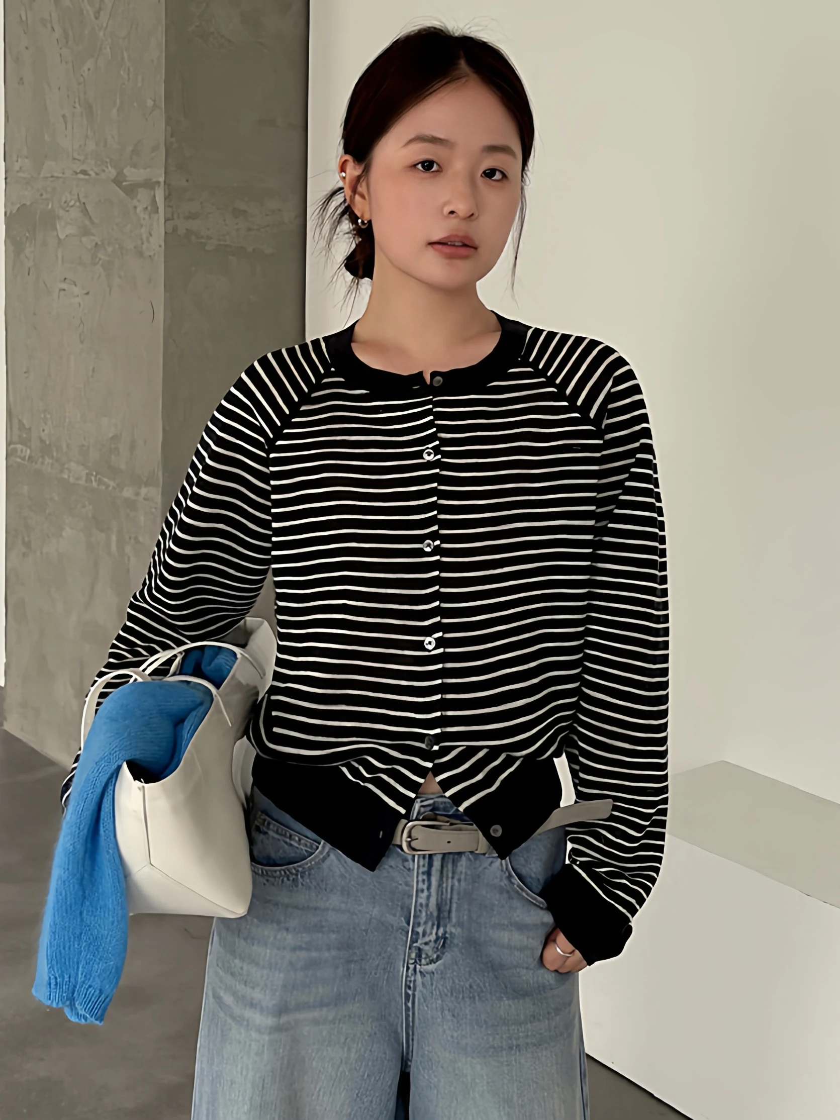 

Classic Stripe Knitted Cardigan Slim Fit round Neck Shoulder Insert Sleeve Button up Spring Thin Linen Blend Women's Knitwear