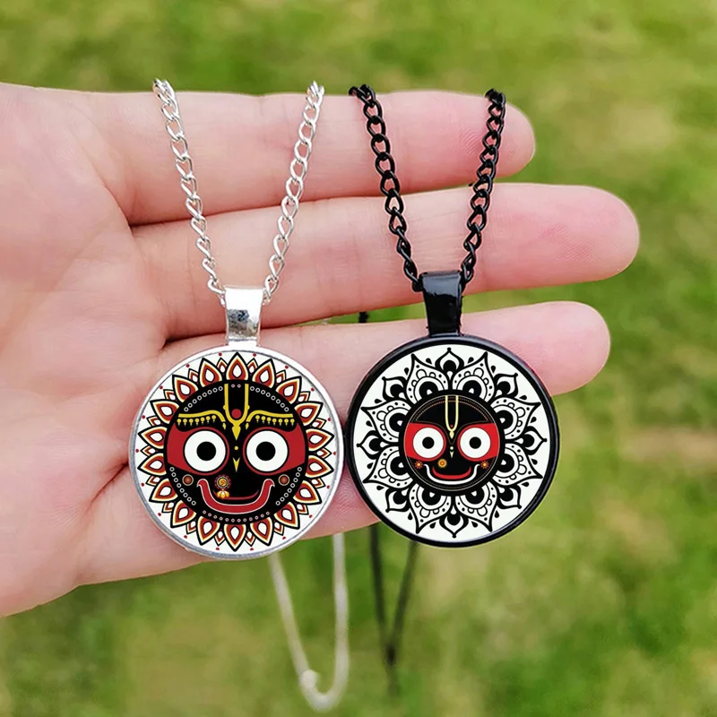 Vintage Hindu God lord Jagannath Necklace for Men Women Mandala Face Picture Charm Glass Time Gem Pendant Jewelry Gift