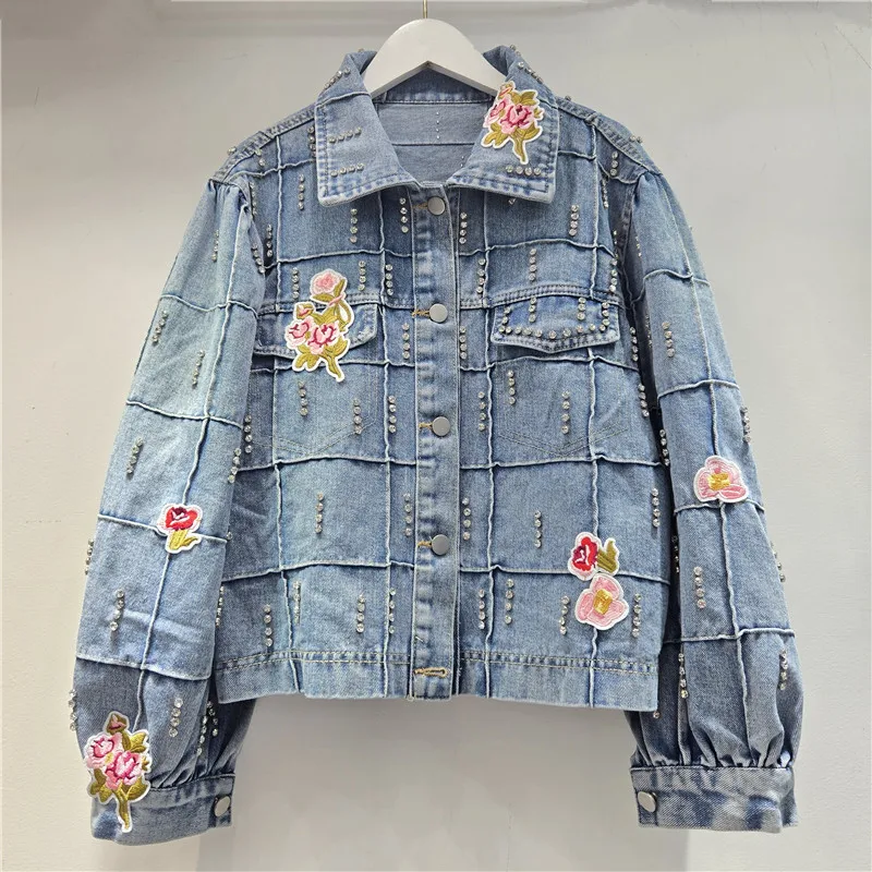 

SuperAen Korean-style Diamond-patterned Denim Jacket for Women Spring New Design Embroidery Loose Fashion Coats