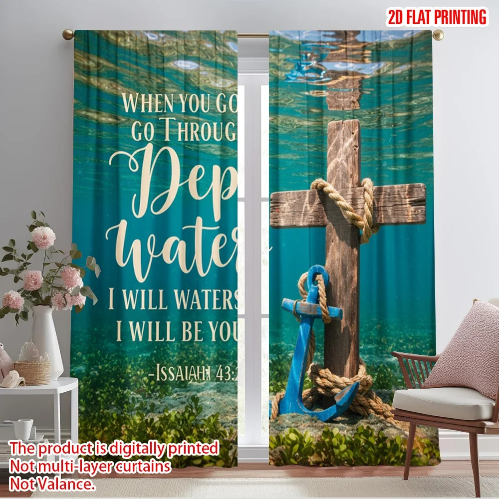

2pcs 2D flat printing Drapes Anchor Christian Cross Deep Waters Polyester Without Electricity Festive Curtains for Holiday