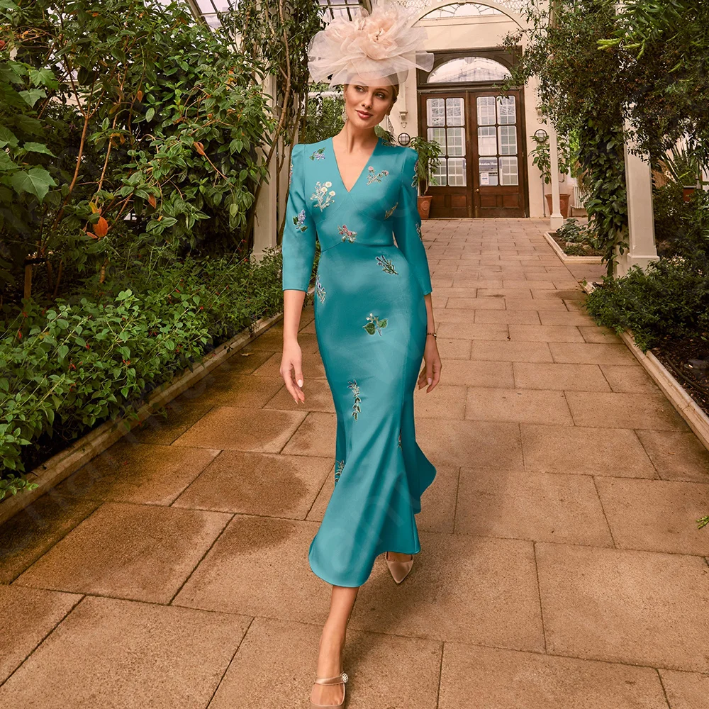 Elegante vestido rosa pálido para madre de la novia, vestido de sirena hasta media pantorrilla, apliques, vestido de fiesta de boda, cuello en V, manga 3/4