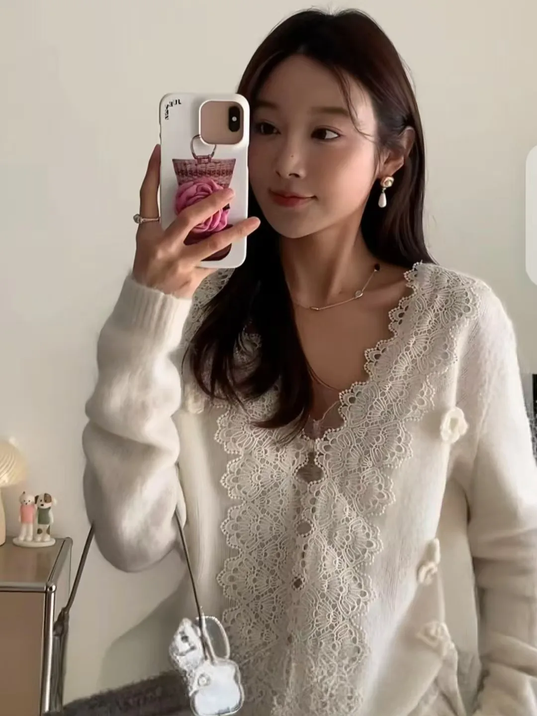 Chic Autumn New Gentle Wind 3D Flower Embellied Splicing Lace V-ne Knitted Open Cardigan Women's Faion Outerwear