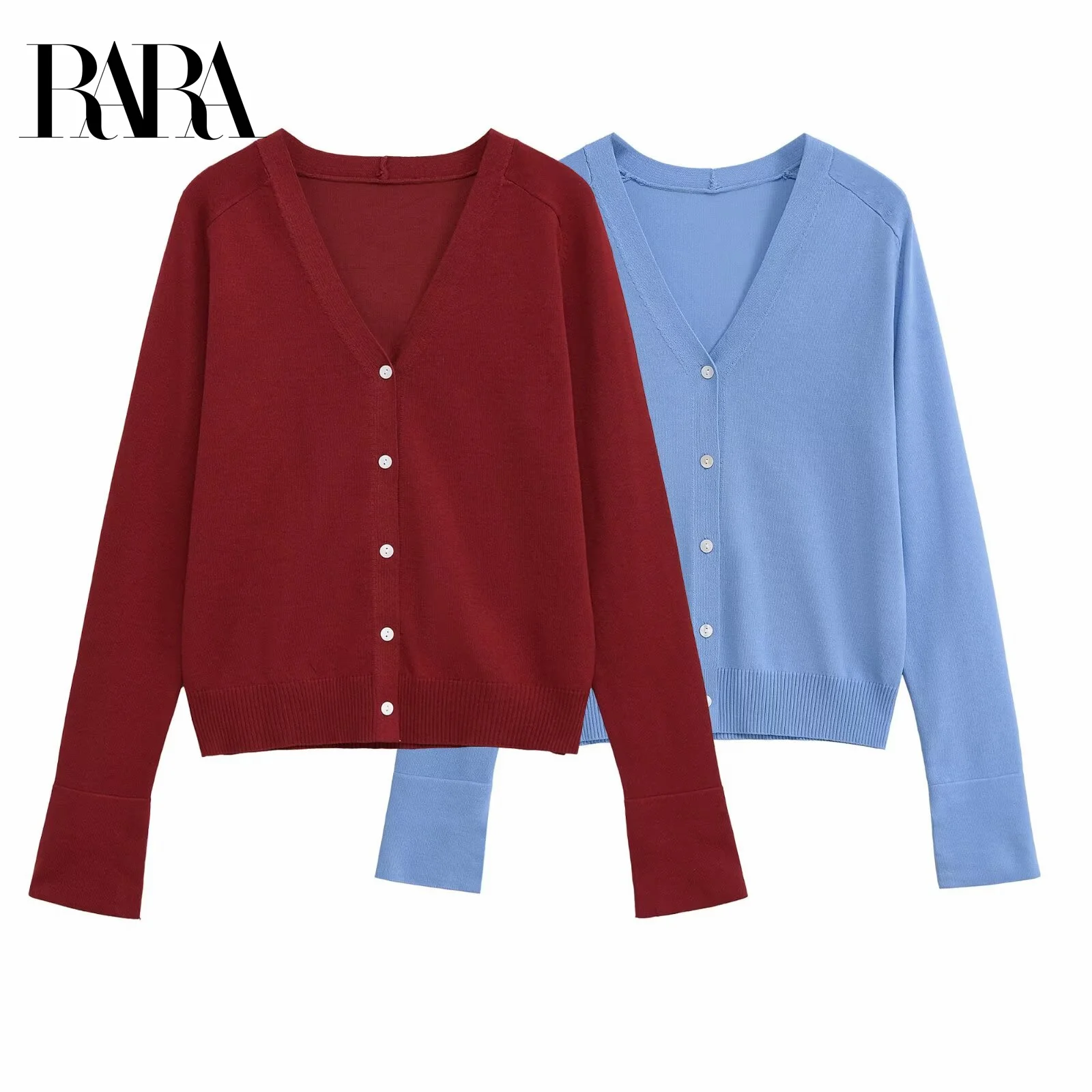 

RARA Women's Summer New Cuff Slit Design Casual Elegant V Neck Long Sleeve Fine Knit Cardigan Solid Color Simple