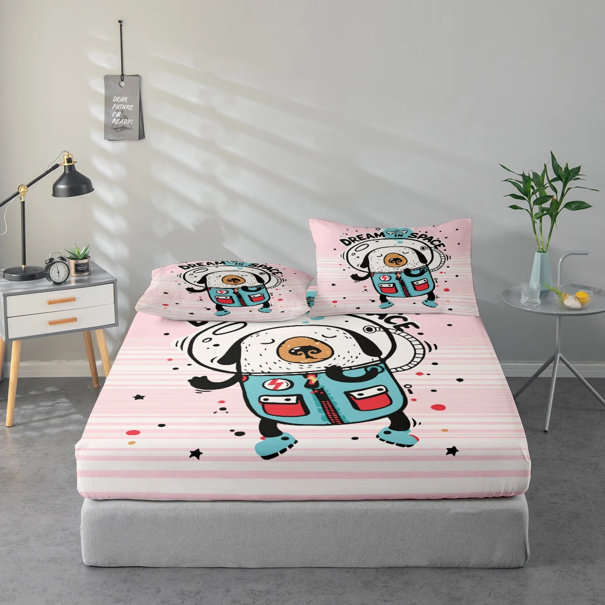 Juego de sábanas con estampado de astronauta y perro de Space Dream, combinación de protector de colchón y funda de almohada, juego de sábanas con estampado de alta definición que incluye 1 sábana + 1 o 2 fundas de almohada (60*100cm y 72*132cm son 1 funda de almohada, el resto de los tamaños son 2 fundas de almohada), adecuado para dormitorio y habitación de invitados, ropa de cama de poliéster ultrasuave, lavable a máquina, se puede usar en todas las estaciones