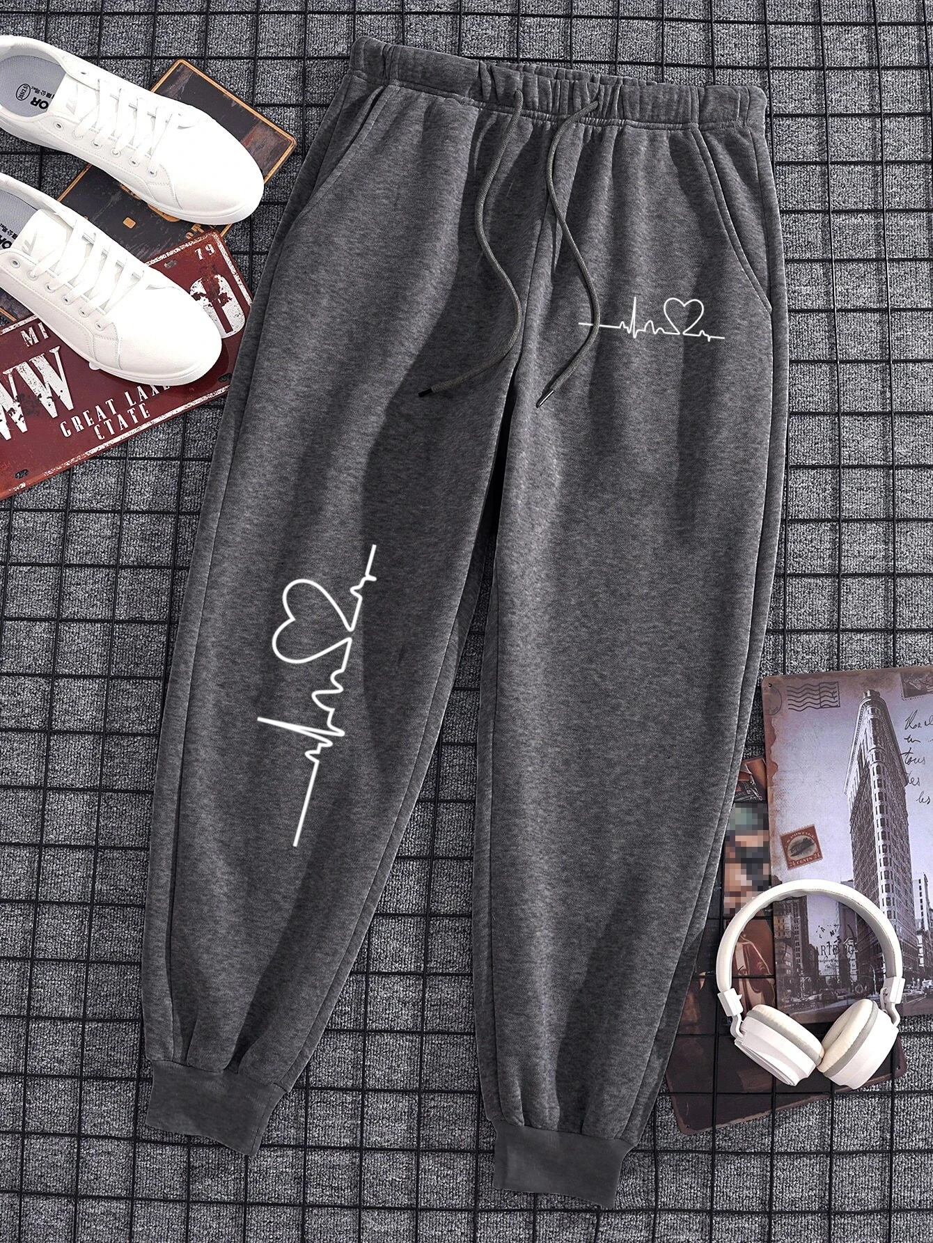 Electrocardiogram Love Printing Men Women Sweatpants Baggy Running Joggers Loose Jogger Tracksuit Fitting Sweat Sweatpant Couple