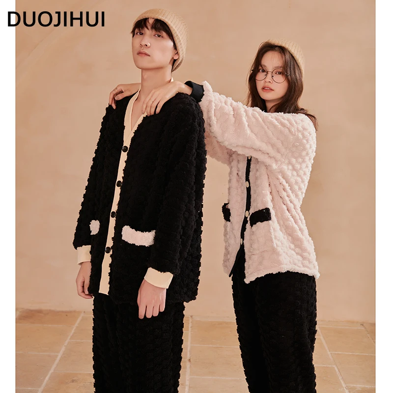 

DUOJIHUI Fashion Cardigan Simple Pant Loose Female Pajamas Set Winter New Flannel Soft Warm Causal Home Pajamas for Women M-3XL