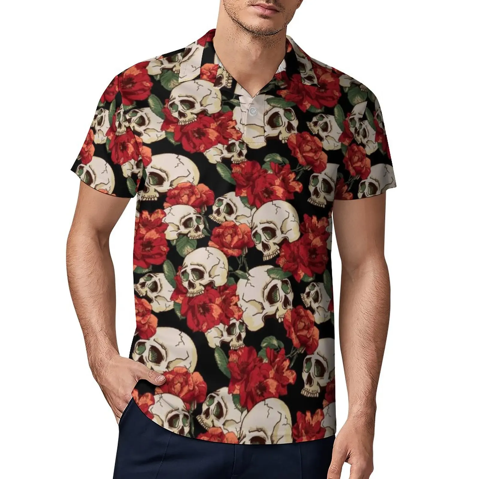 

Halloween Day Of The Dead Polo Shirts Skull and Flowers Print Casual Shirt Summer Stylish T-Shirts Men Short Sleeve Collar Top