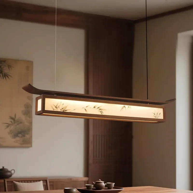 Chinese Style Bamboo Leaf Chandelier Solid Wood Zen Pendant Light Minimalist Eaves Design for Tea Room Restaurant Dining Area
