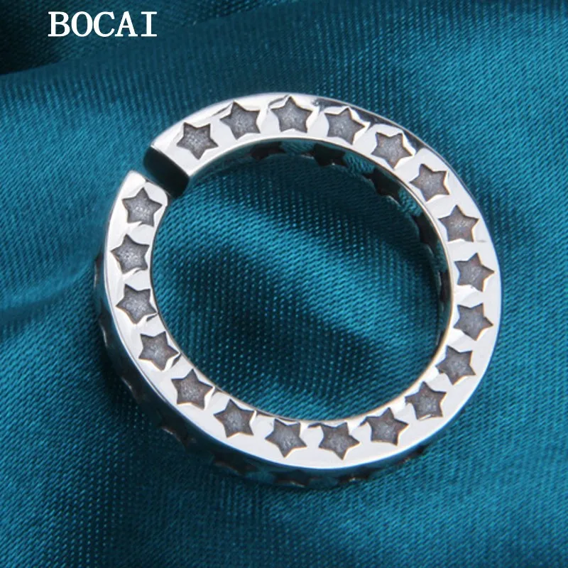 BOCAI-S925 Anel Aberto de Prata Esterlina para Homens e Mulheres, Hip Hop Personalizado, Punk, Estrela de Cinco Pontas, Novo Presente