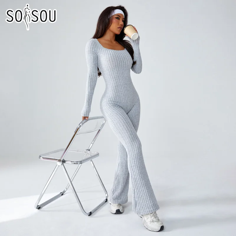 

SOISOU спортивный комбинезон для йоги с длинными рукавами, высокопрочная спортивная одежда в рубчик, боди для фитнеса и тренировок, цельная женская одежда для спортзала