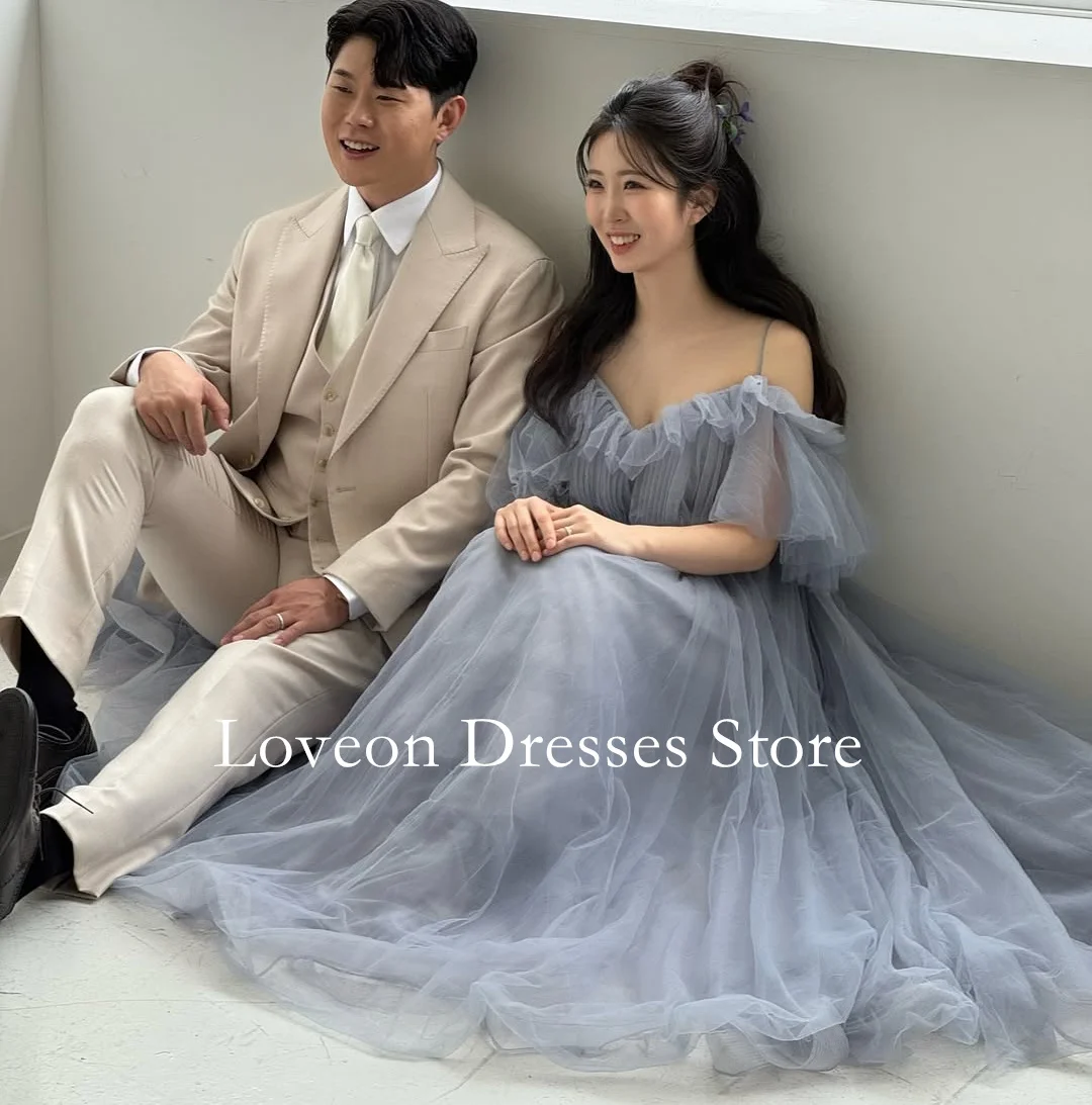 

A-Line Spaghetti Straps Formal Evening Dresses Short Sleeves Light Blue Korean Customized Elegant Prom Growns Party Women